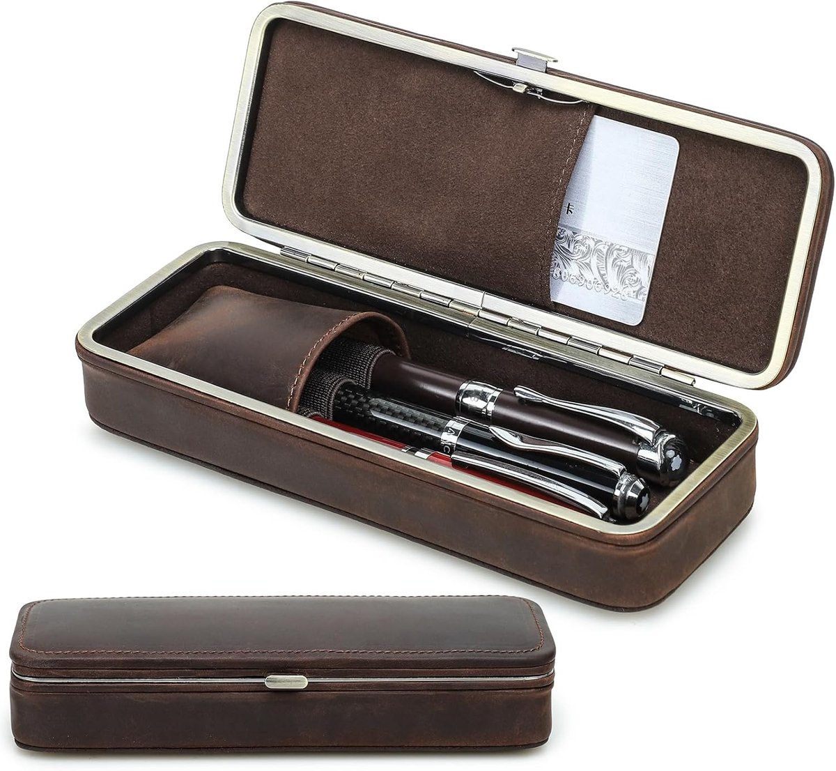SnelShoppen - Leer Potlood Etui met 4 Slots, Handgemaakt, Metalen Sluiting, Vintage Pennen Organizer voor Kantoor, Donkerbruin, Voor Mannen en Vrouwen