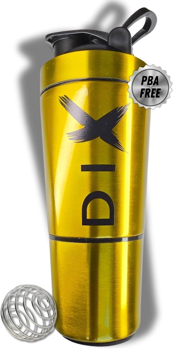 SnelShoppen - DIX Shaker 750ml RVS Sportfles met Compartment voor 60g Poeder - BPA Vrij - Goudkleurig - Ideaal voor Sport, Fitness en Eiwitshakes