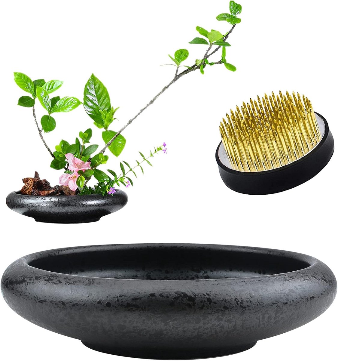SnelShoppen - Diepe Ronde Keramische Ikebana Vaasje met 5cm Kenzan Bloemfrog voor Bloemschikken en Thuisdecoratie, Zwart Gepuncteerd, 17.5x4.5cm