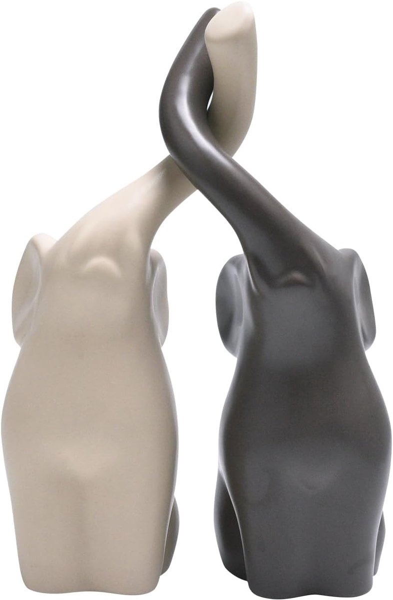 SnelShoppen - Olifanten Koppels Keramische Sculptuur Set van 2 - Moderne Beige Grijze Decoratieve Figuren 18 cm Hoog - Woonaccessoires Bruiloft Tafeld