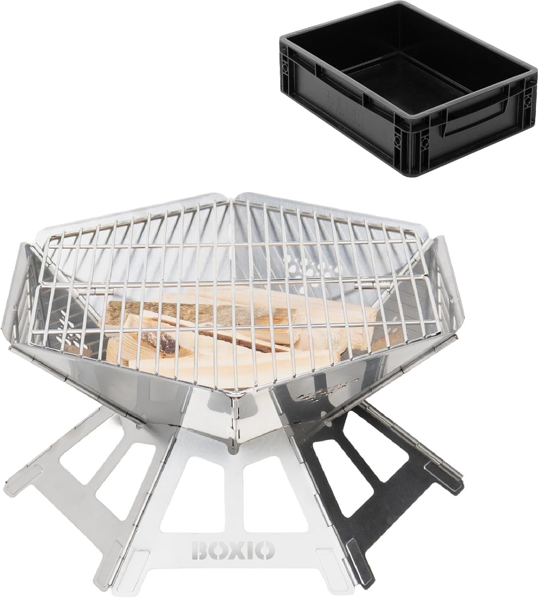 SnelShoppen - RVS Vuurkorf met Grillrooster - Octagon Buitenhaard & Camping Grill - Kleine Vuurschaal met Vonkbeschermer - Mini Vuurton voor Tuin & Ka