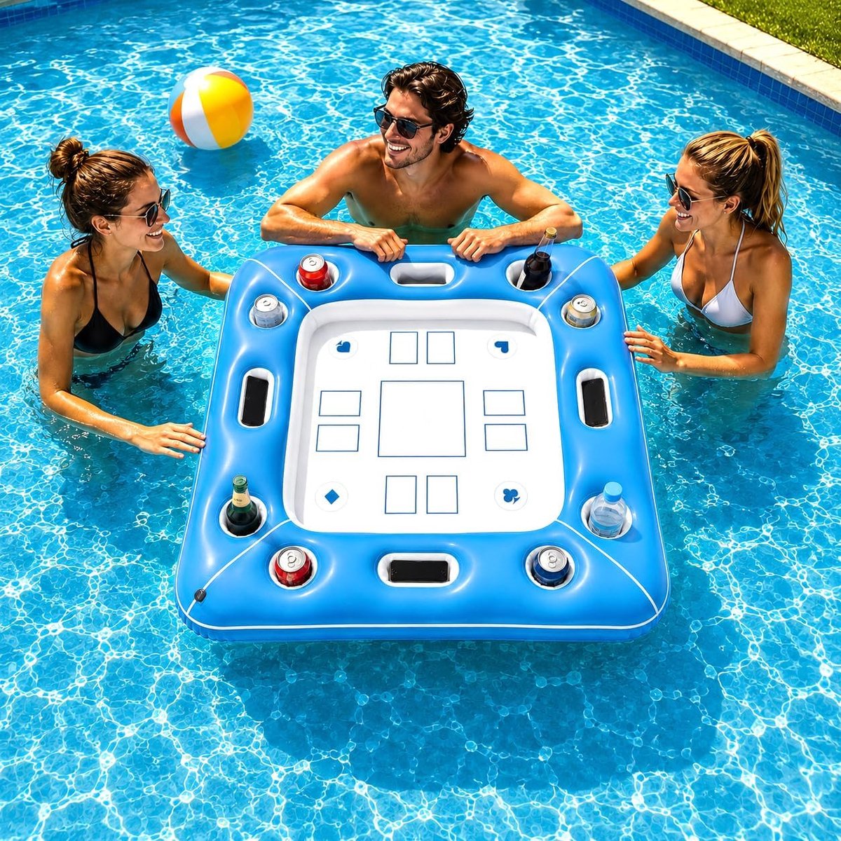 SnelShoppen - Luchtmatras met Bekerhouder en Kaartspeloppervlak, Groot Zwembadspeelgoed voor 4 Personen, Perfect voor Zwembadfeesten, Strand en Meer