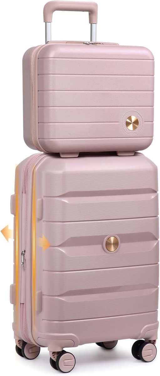 SnelShoppen - Suitcase Set 4pcs Hard Shell Trolley Koffers met Beautycase, TSA Lock, 4 Dubbele Wielen, Uitbreidbaar, Polypropyleen, Nude Pink, S-M-L-X