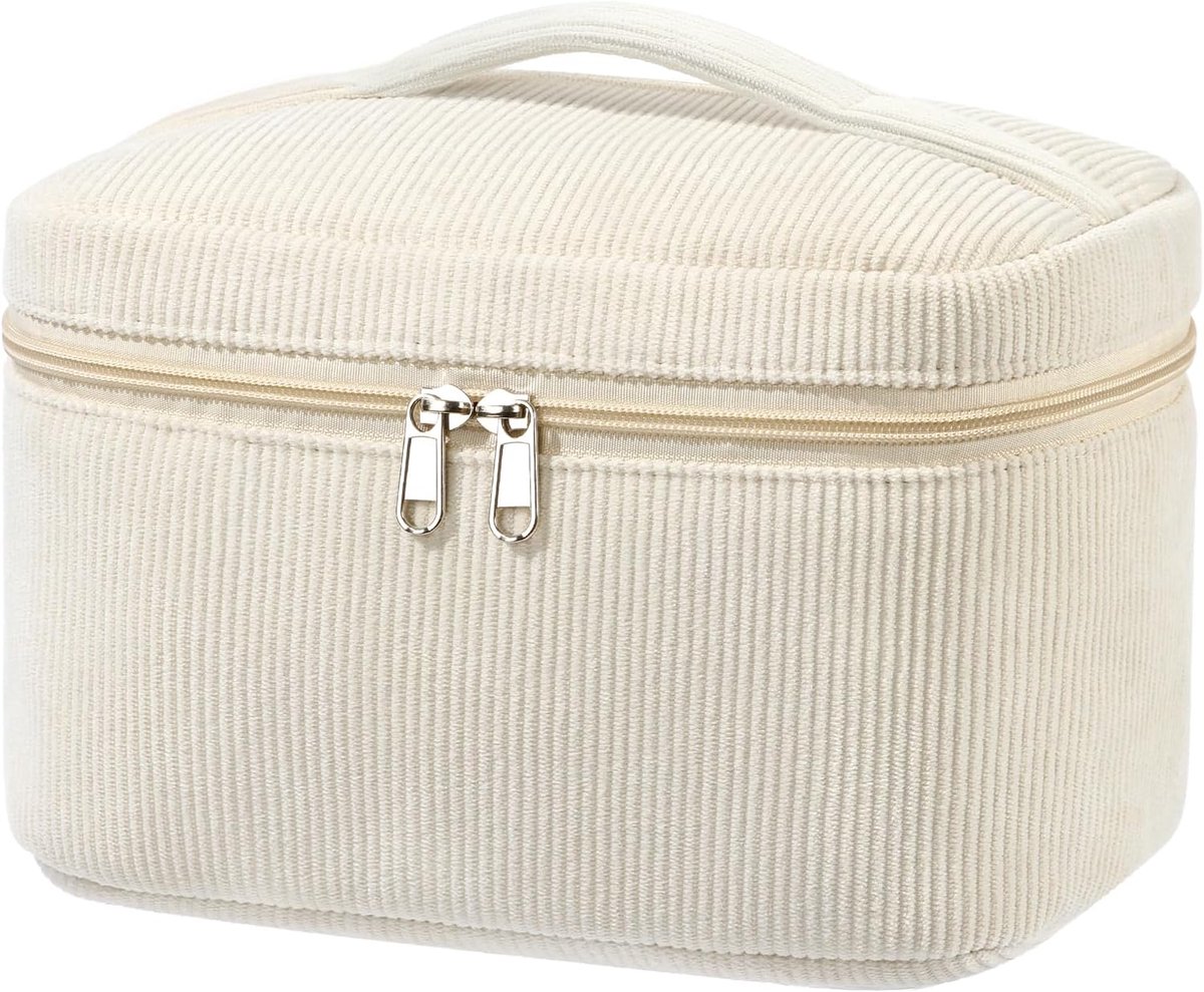 SnelShoppen - Cosmetic Bag Set van 3 Dames Toilettas met Bloemenprint, Gequilt, Handzaam Reistasje voor Dagelijks Gebruik, Beige Streep, Rustieke Gebr