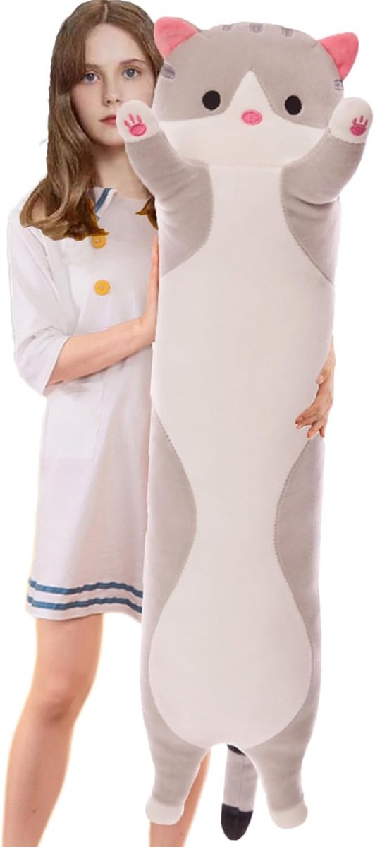 SnelShoppen - Long Cat Plush Pillow 70cm - Zachte Kat Kussen, Knuffel Kussen, Grijs, Perfect voor Kinderen, Slaapkussen, Lumbar Kussen, Cadeau voor Fe