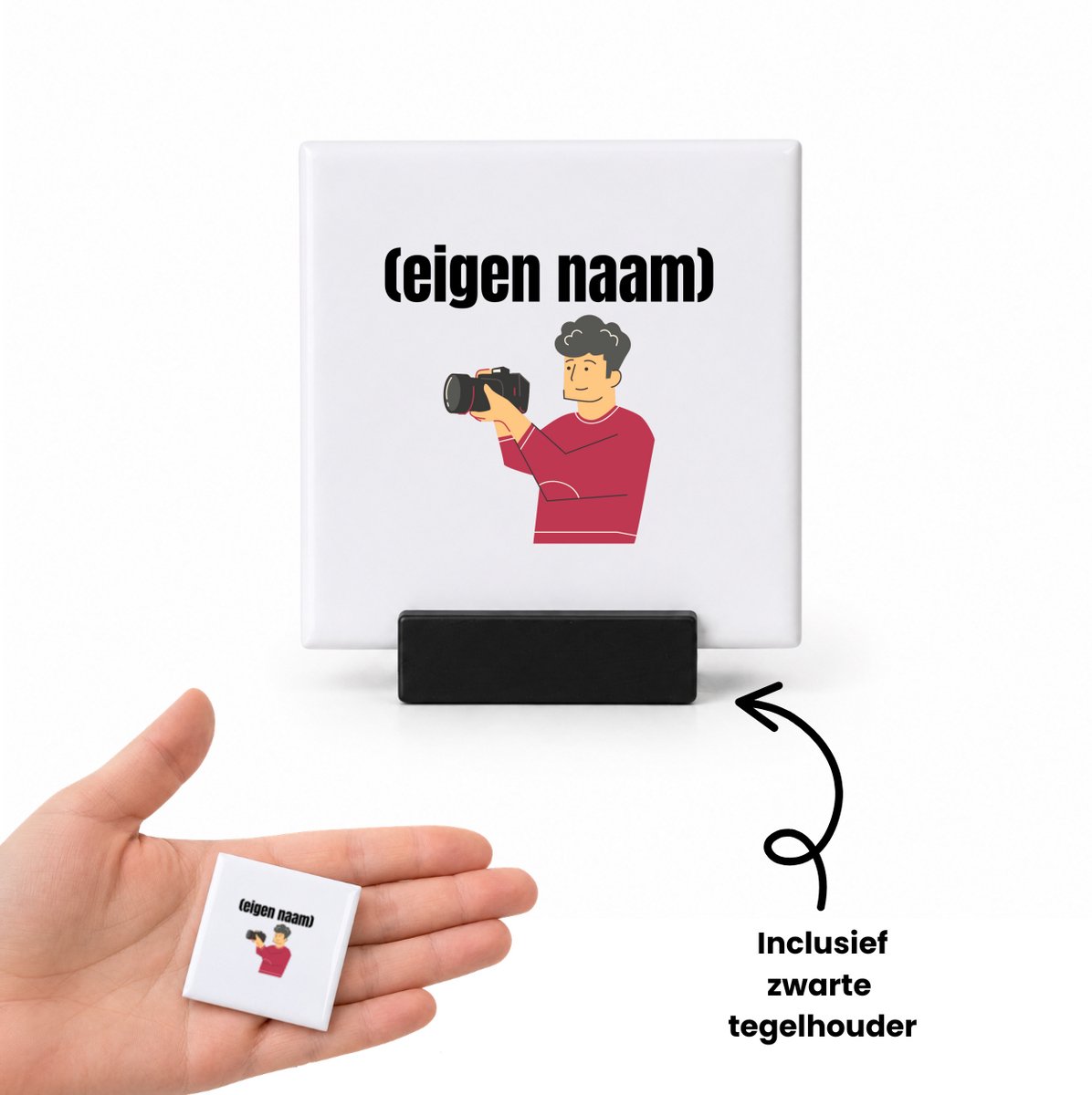 Hacebo fotograaf man grijs haar met eigen naam tegeltje met tegelhouder - Fotograaf - fotografen - tegeltjes met tekst - leuk cadeau voor iemand die houd van foto's maken - cadeau - kado - spreuktegels - 4.8x4.8 CM Wit