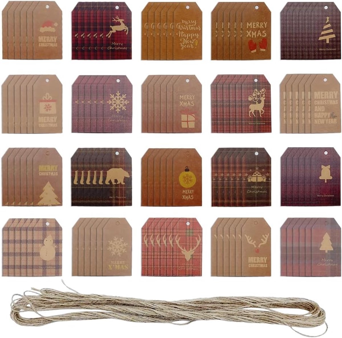 SnelShoppen - 120 Stuks Kerstlabels, DIY Kraft Cadeautags met 18m Jute Touw voor Kerstboom Decoratie, Feestelijke Cadeau Labels, Geschenkkaarten en Ve
