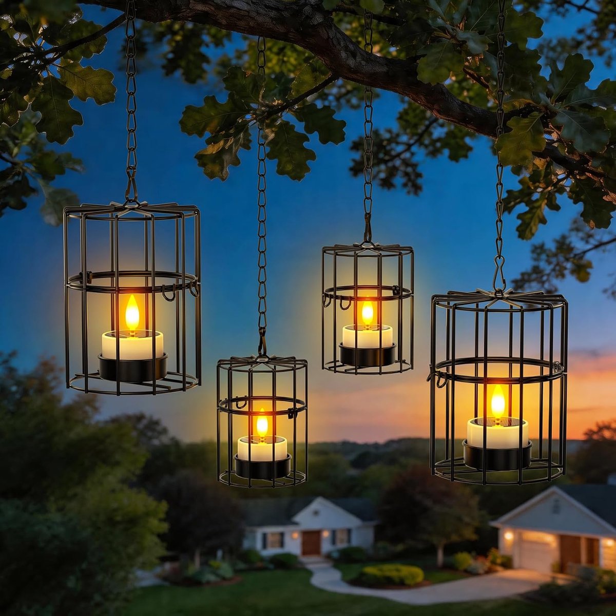 SnelShoppen - Set van 4 Solar Lantaarns Buiten Hangend - Rustieke Metalen Lantaarns met Vlam LED Kaarsen - IP54 Waterdicht Tuindecoratie voor Balkon e