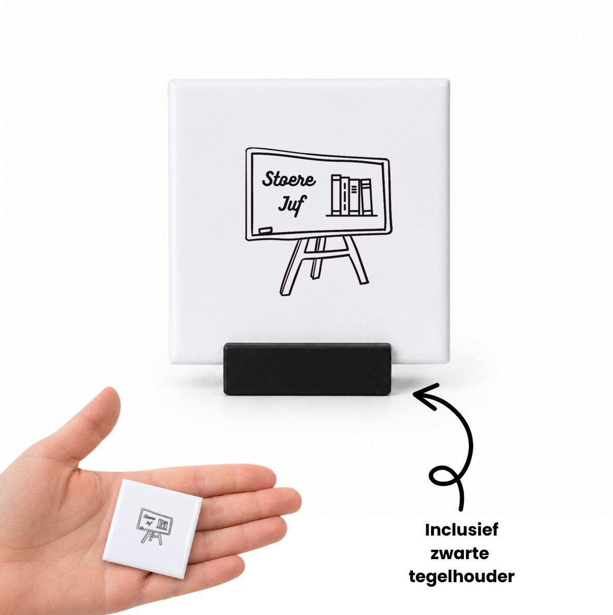 Hacebo Stoere juf tegeltje met tegelhouder - Juf - Juf - tegeltjes met tekst - Leraar - spreuktegels - 4.8x4.8 CM Wit