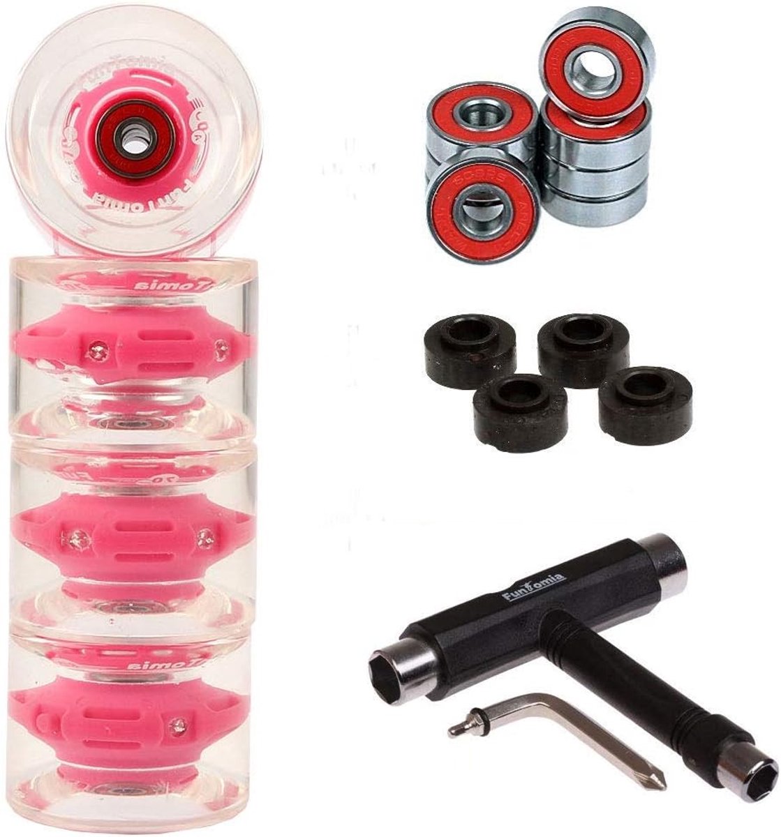 SnelShoppen - FunTomia 4 stuks LED longboard/skateboard wielen 70x51mm 80A/86A incl. Mach1 kogellagers en magneet spacer + T-tool