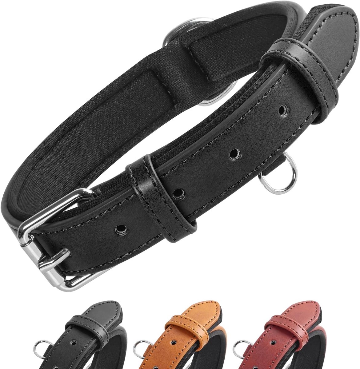 SnelShoppen - Verstelbare Hondenhalsband Neopreen Gevoerd Leer voor Kleine, Middelgrote en Grote Honden - Zwart - 4 Maten - Comfortabel en Duurzaam