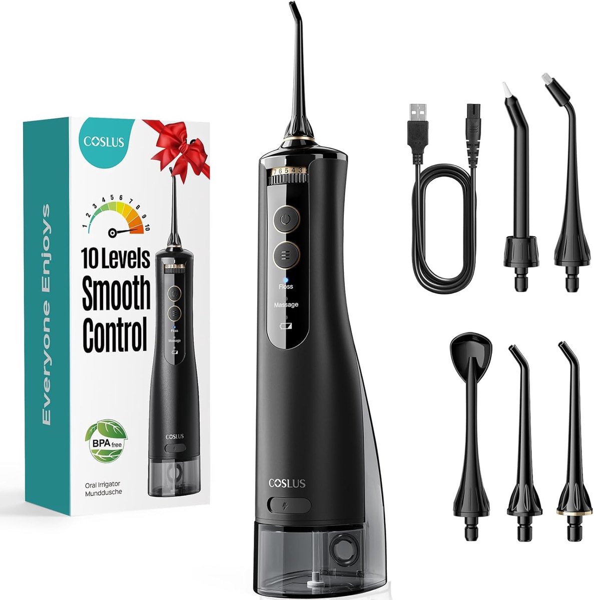 SnelShoppen - Waterflosser Mondirrigator met 4 Modi en 300ml Watertank - Testwinnaar - 30 Dagen Accuduur - Zwart - Perfect voor Beugels en Tandheelkun