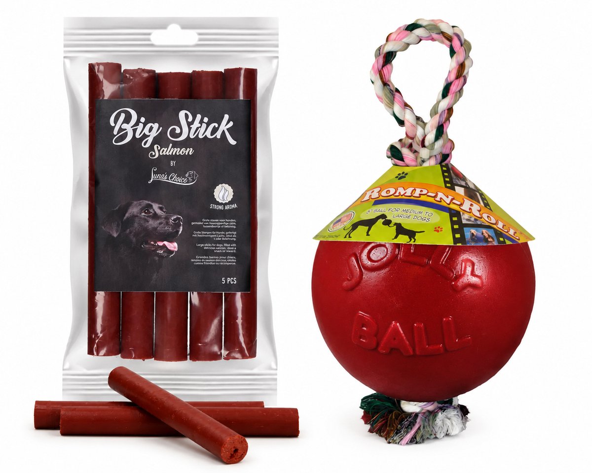 Jolly ball met touw 15cm rood met 5 snacks Luna Choice met zalm