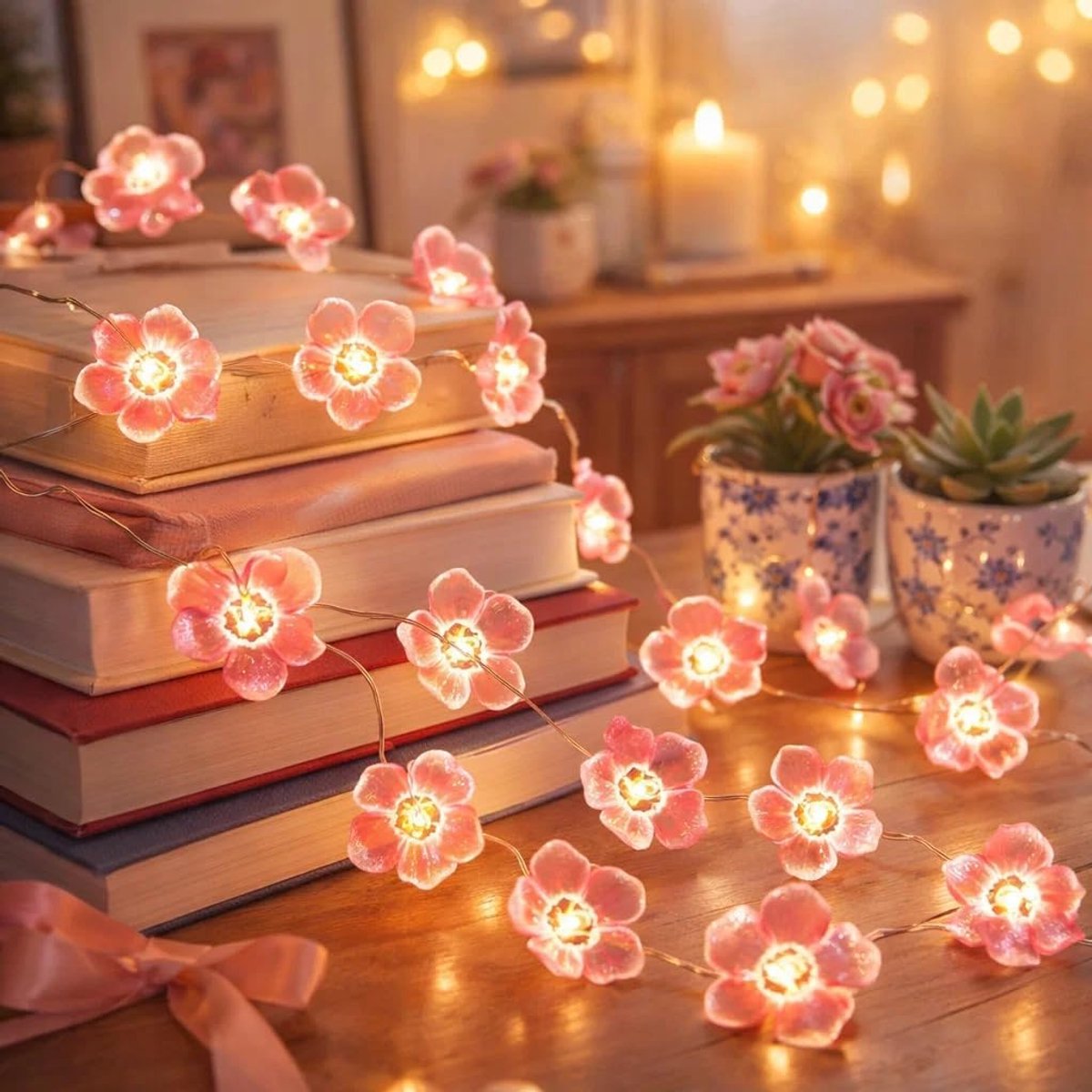 SnelShoppen - LED Fairy Lights Kersenbloesem 3 m 30 LED Batterij Fairy Lights Roze Met Timer Functie Voor Meisjes Slaapkamer Bruiloft Lente Decoratie