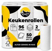 Keukenrolverpakking van Kurtt met zwart-gele opdruk. 96 rollen, 2 laags, 50 vellen per rol. FSC en Ecolabel gecertificeerd.