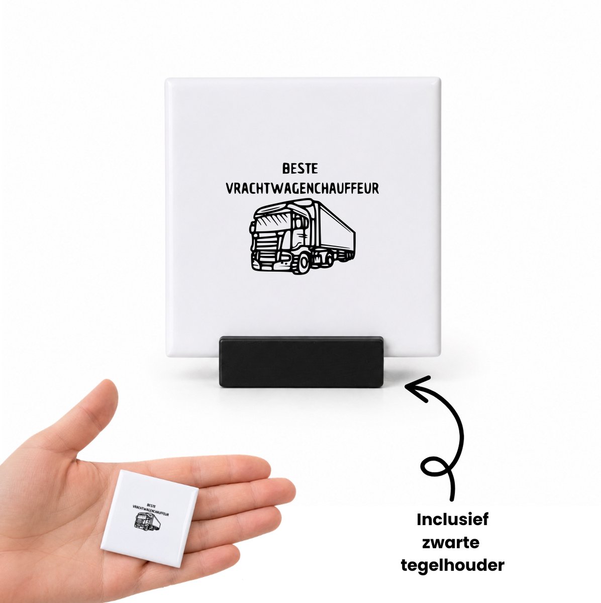 Hacebo Beste vrachtwagenchauffeur tegeltje met tegelhouder - Cadeau vrachtwagenchauffeur - tegeltjes met tekst - leuk cadeau voor de beste Cadeau vrachtwagenchauffeur om te geven - spreuktegels - 4.8x4.8 CM Wit