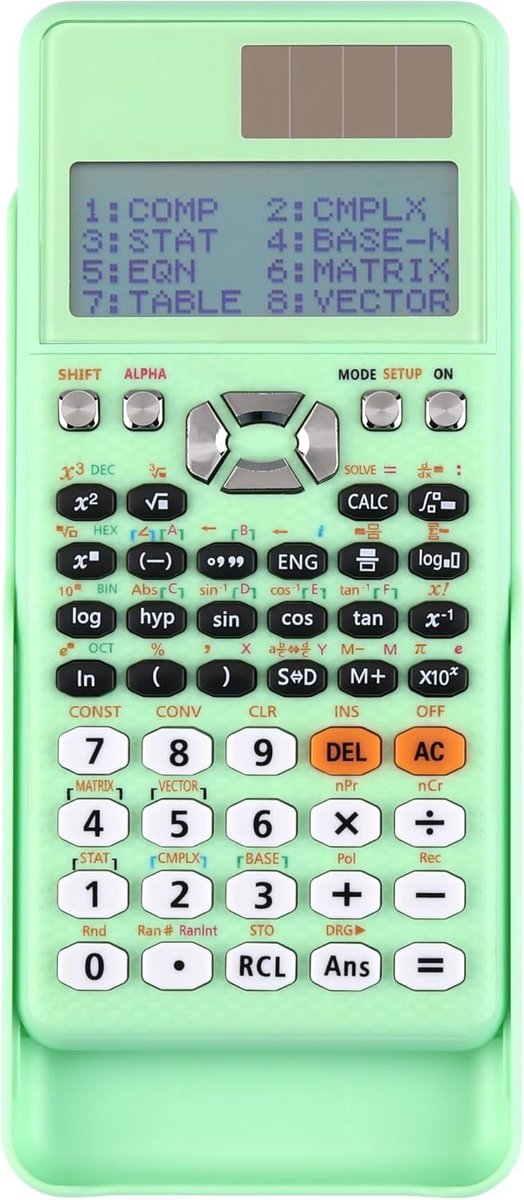 SnelShoppen - Wetenschappelijke rekenmachine met 417 functies, zonnepaneel, LR44-batterij, 16,5x8x1,5 cm, groen, ideaal voor studenten en ingenieurs