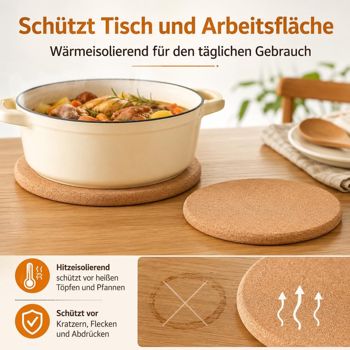 SnelShoppen - Set van 10 Rond Korken Onderzetters 19 cm - Milieuvriendelijke Cork Coasters - 1 cm Dikte - Ideaal voor Thuis, Keuken, Feest en Camping