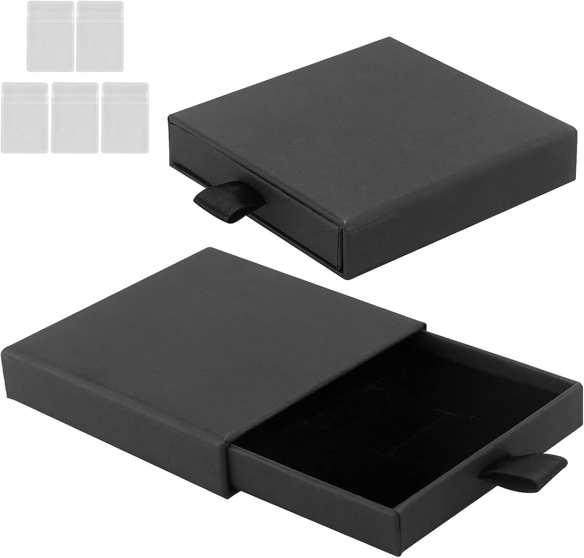 SnelShoppen - 2 Stuks Zwarte Armband Cadeau Dozen met 5 Stuks Duidelijke Zipper Pouches - Uitbreidbare Vierkante Sieraden Box voor Oorbellen, Kettinge