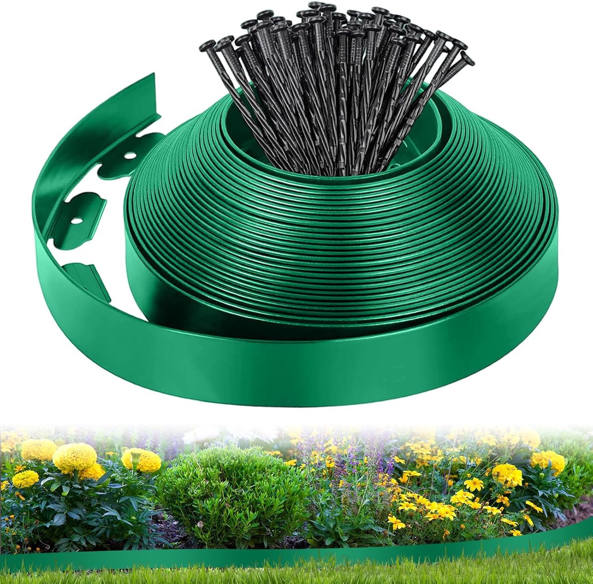 SnelShoppen - Flexibele Tuinrand, Kunststof, 10 m x 5 cm, Tuinhek, Grasafscheiding met 50 Haringen, Tuinrand, Grasborder, Tuinidee voor Tuinen, Bloemb