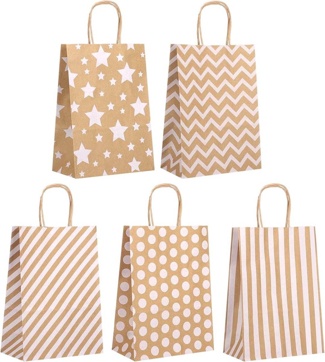 SnelShoppen - 25 Stuks Bruine Kraft Papieren Tassen met Handvat, 15x21x8 cm, Kleine Kraft Tassen voor Verjaardag, Bruiloft, Feest, 5 Stijlen