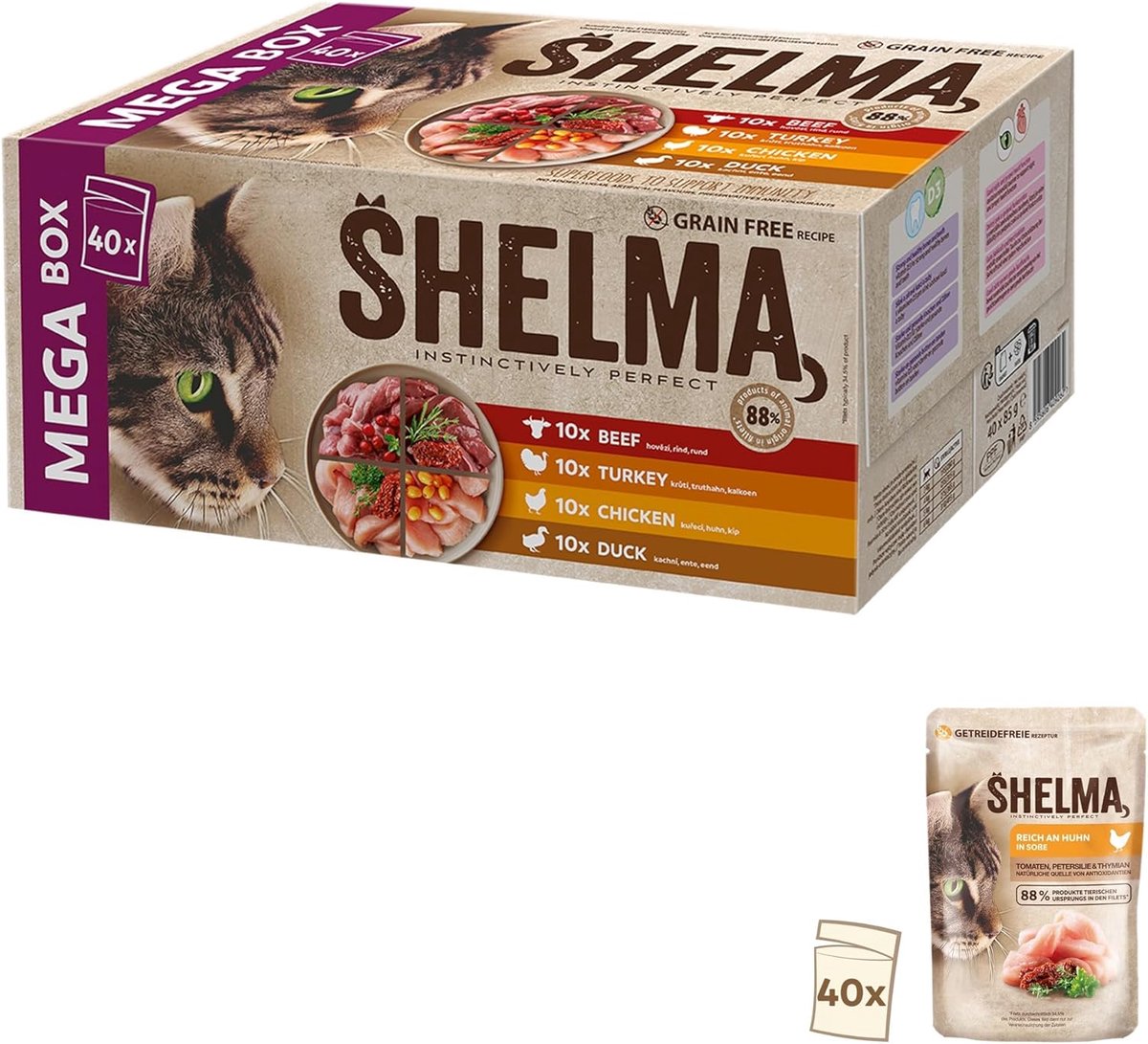 SnelShoppen - Natvoer voor katten Megapack - Graanvrij Rundvlees, Kalkoen, Kip en Eend - 40 x 85 g - Hoog Vleesgehalte - Volledig Voer voor Carnivoren
