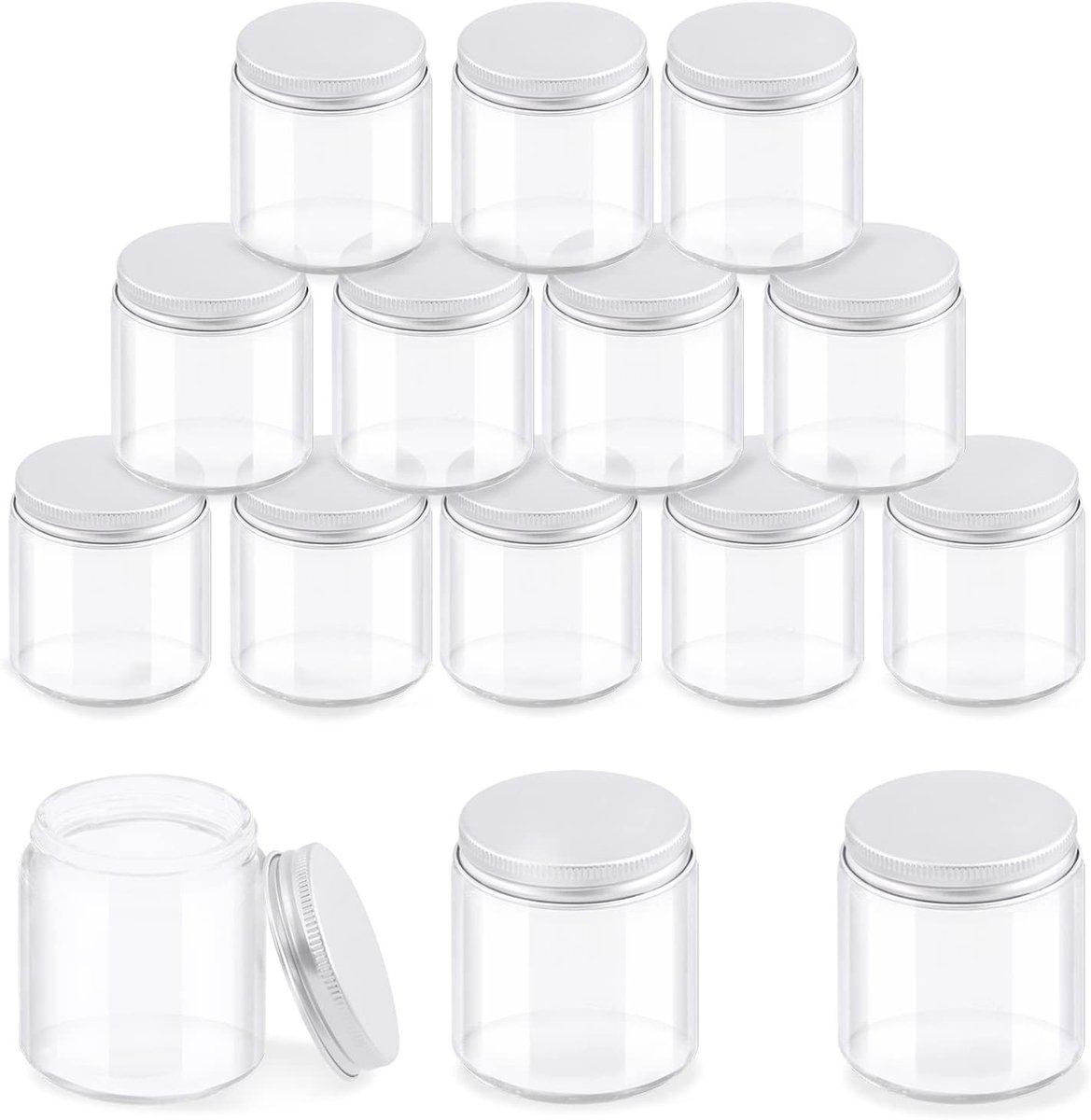 SnelShoppen - Glazen Potten Set 12 Stuks 4 oz Ronde Glazen Potten met Zilveren Deksels voor Crèmes, Cosmetica, Schoonheidsproducten, Zalf - Ideaal voo