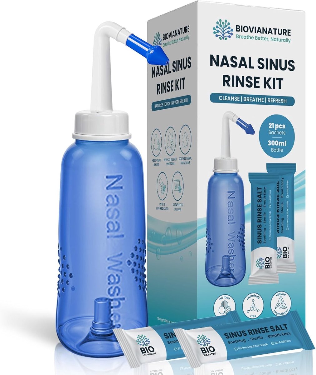 SnelShoppen - Neti-potje Sinusspoeling Neushygiëne 300 ml + 21 Zoutoplossingszakjes - PH-gebalanceerd, Conserveermiddelvrij, Geschikt voor Volwassenen