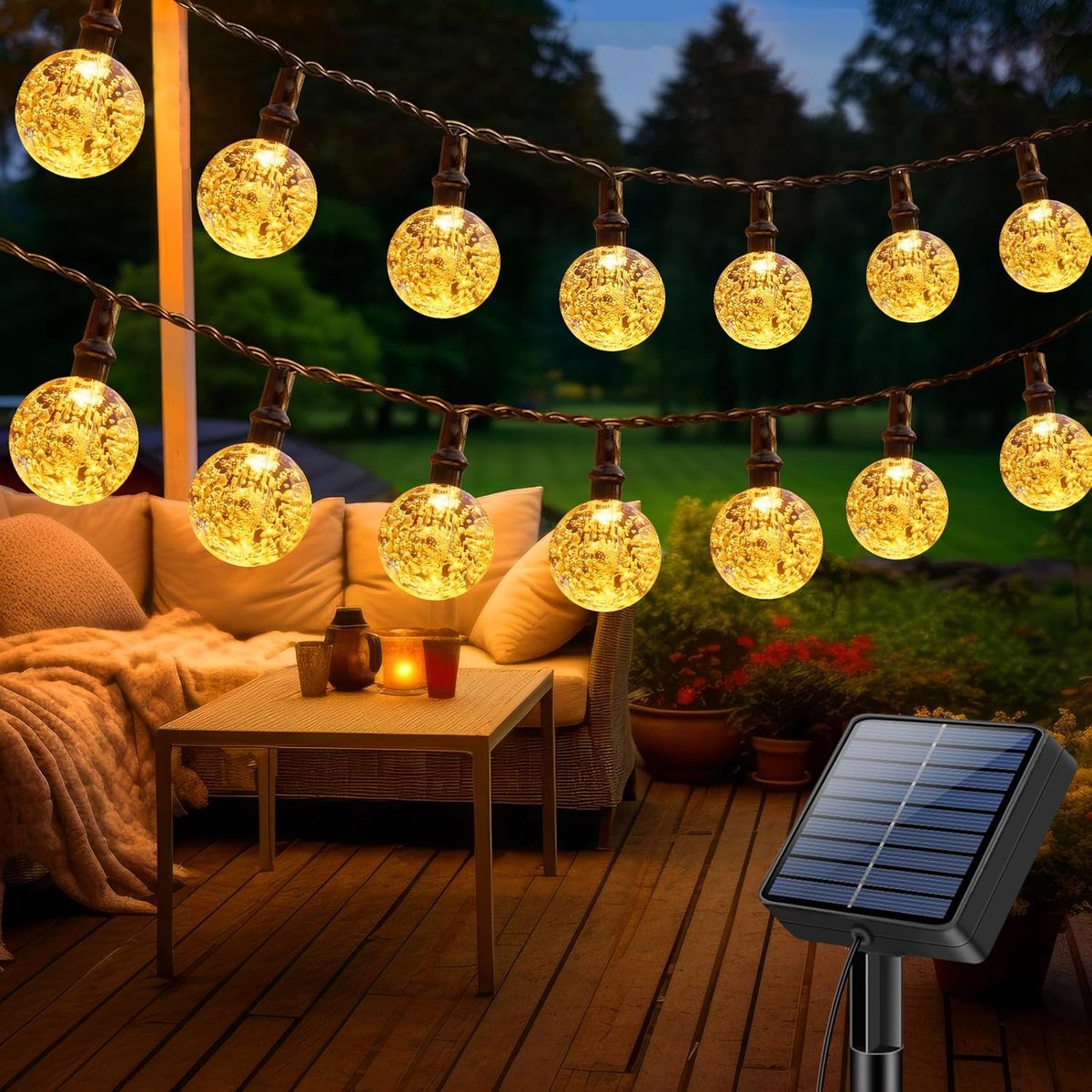 SnelShoppen - Lichtsnoer op Zonne-energie 15m - LED Lichtketting Buiten - Weerbestendig met 8 Modi - Kristallen Bollen met Geheugenfunctie - Perfect v