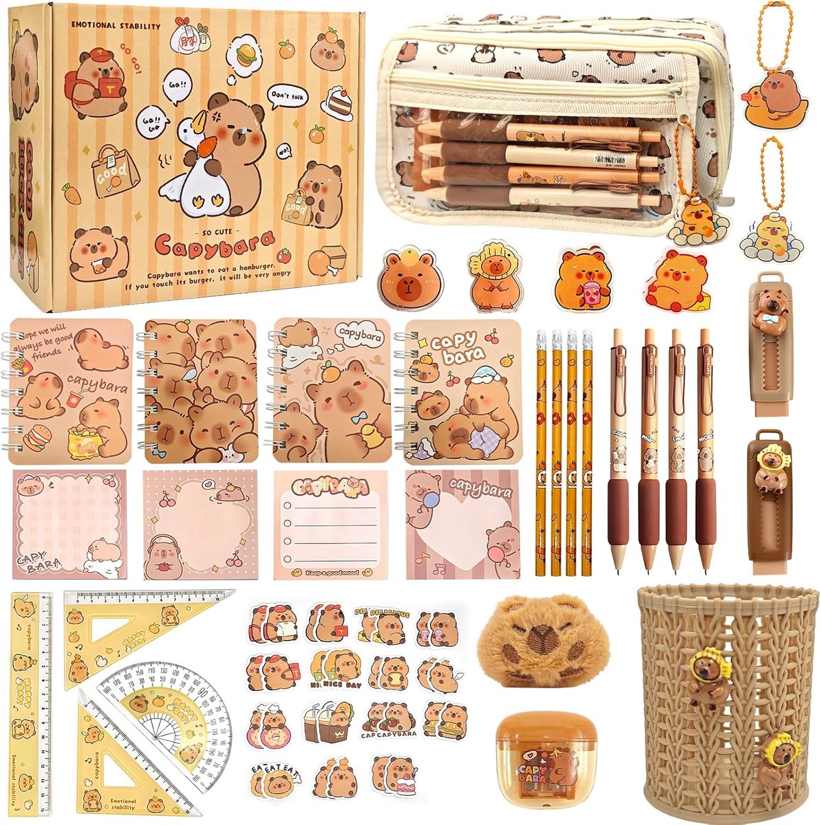 SnelShoppen - Capybara Pennenetui met Mand-Pennenhouder, 72 Stuks, Schriften, Schrijfwaren, Cadeauset voor School, Kantoor en Kunst, Voor Jongens en M