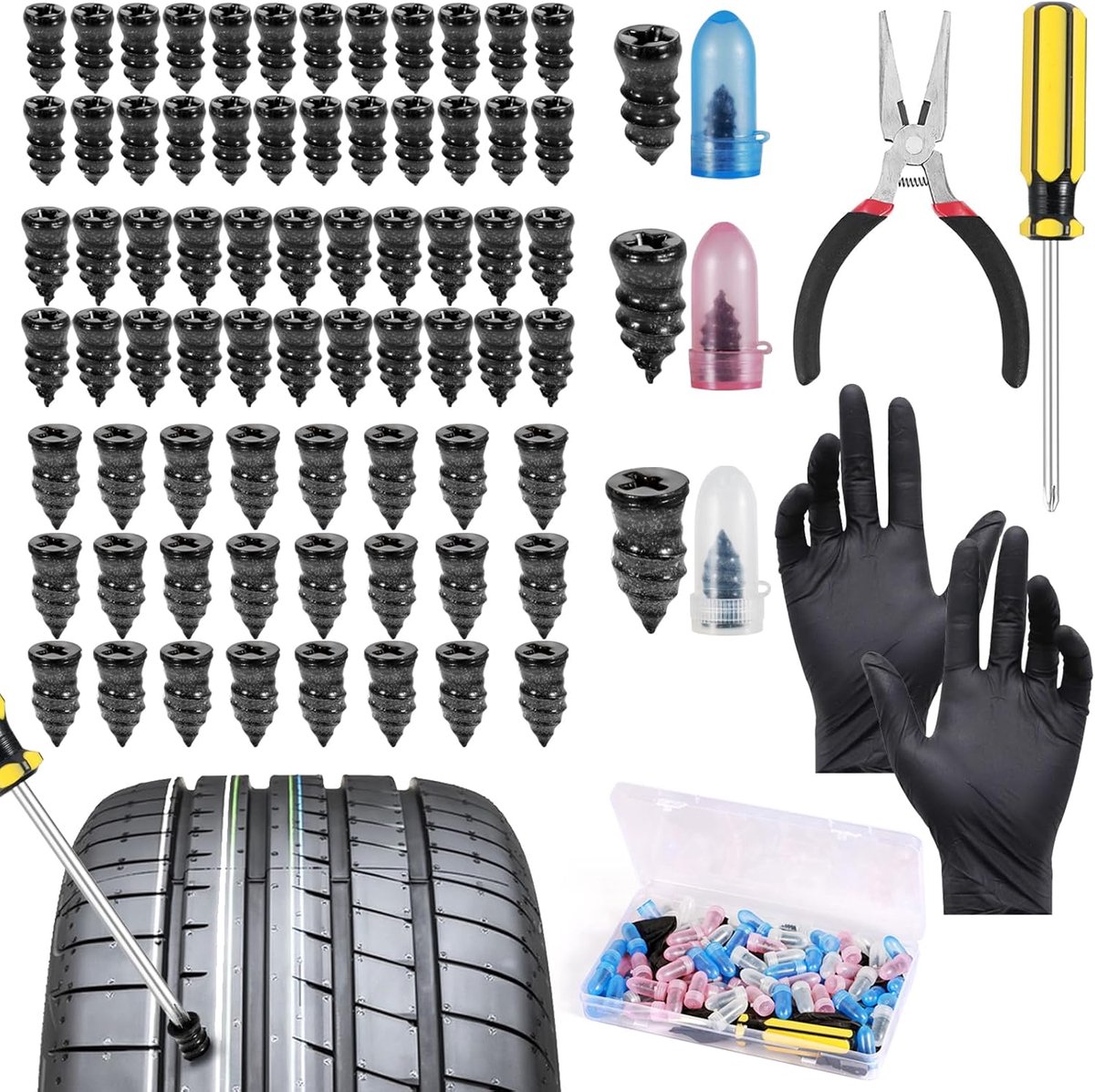 SnelShoppen - 75-delige Bandenreparatie Kit met Rubber Nagels, Inclusief Schroevendraaier en Tangen, Snelle Zelfservice Bandenreparatie, Geschikt voor