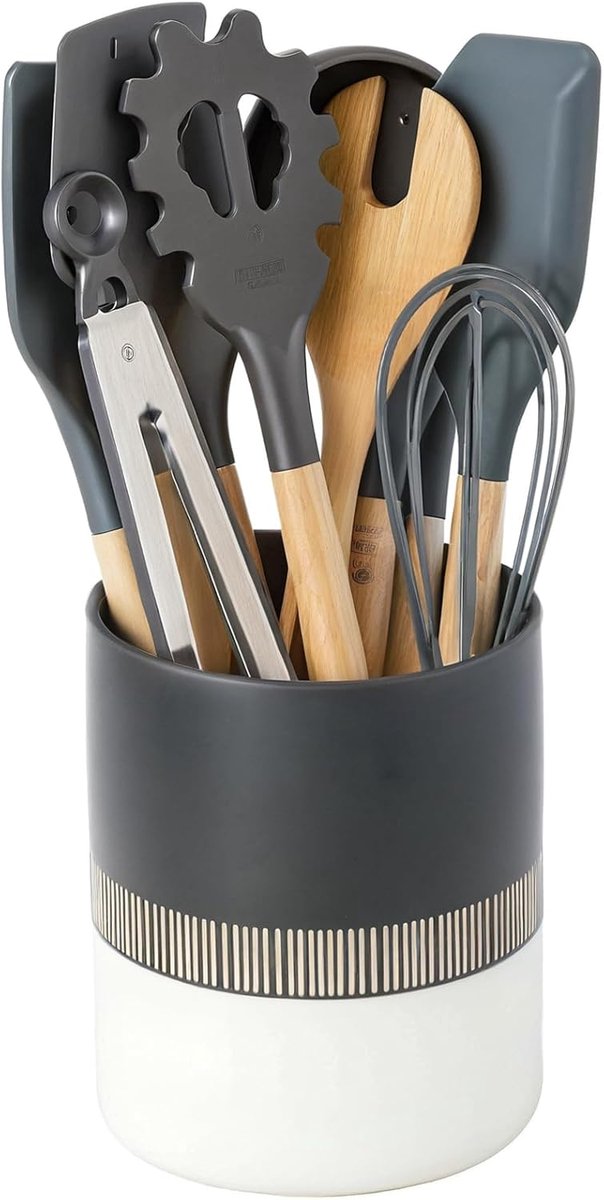 SnelShoppen - Keukengerei Pot Keramiek Groot 13,2 x 16,0 cm Minimalistische Keukengereihouder voor Aanrecht Zwart met Gouden Streep Bestekhouder voor