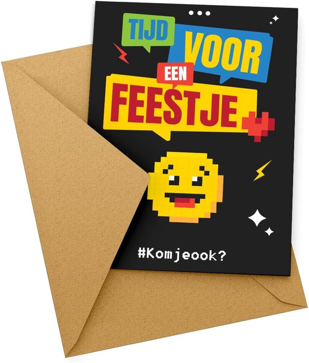 SnelShoppen - Kleurmedia Uitnodiging Kinderfeestje - 10x Kaarten met Envelop - Emoji Thema - Beschrijfbare Verjaardagskaarten - Feestkaarten voor Kind