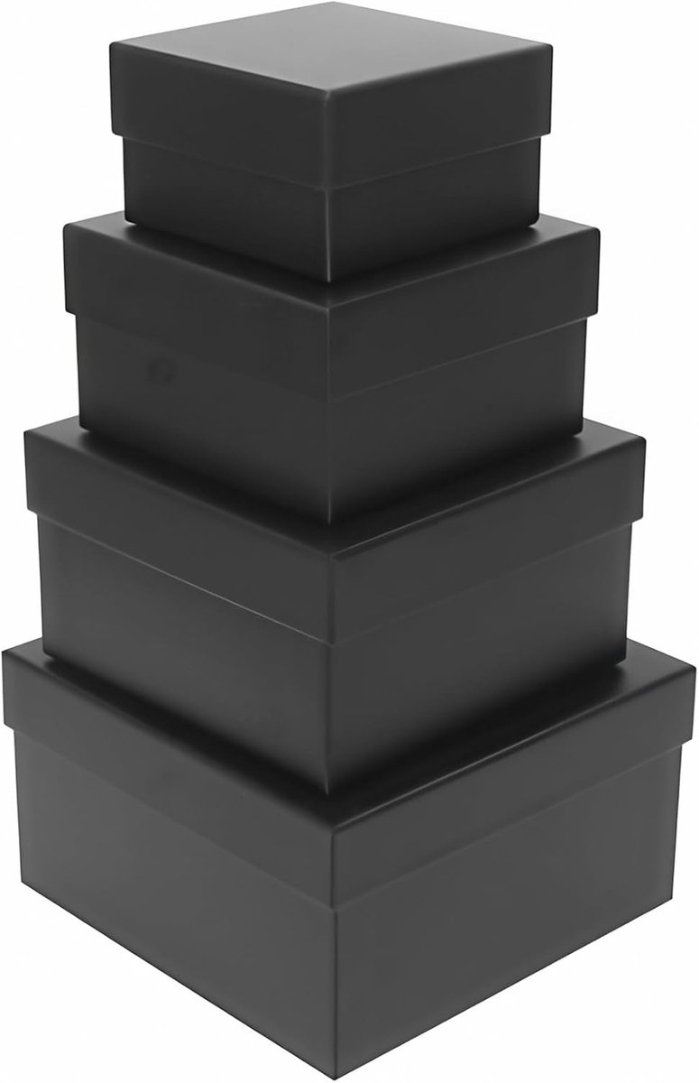 SnelShoppen - 4 Grote Nestdozen met Deksels - Zwarte Vierkante Geschenkdozen - Stapelbare Dozen - 9-16 cm - Voor Verjaardag, Bruiloft, Kerstfeest, Cad