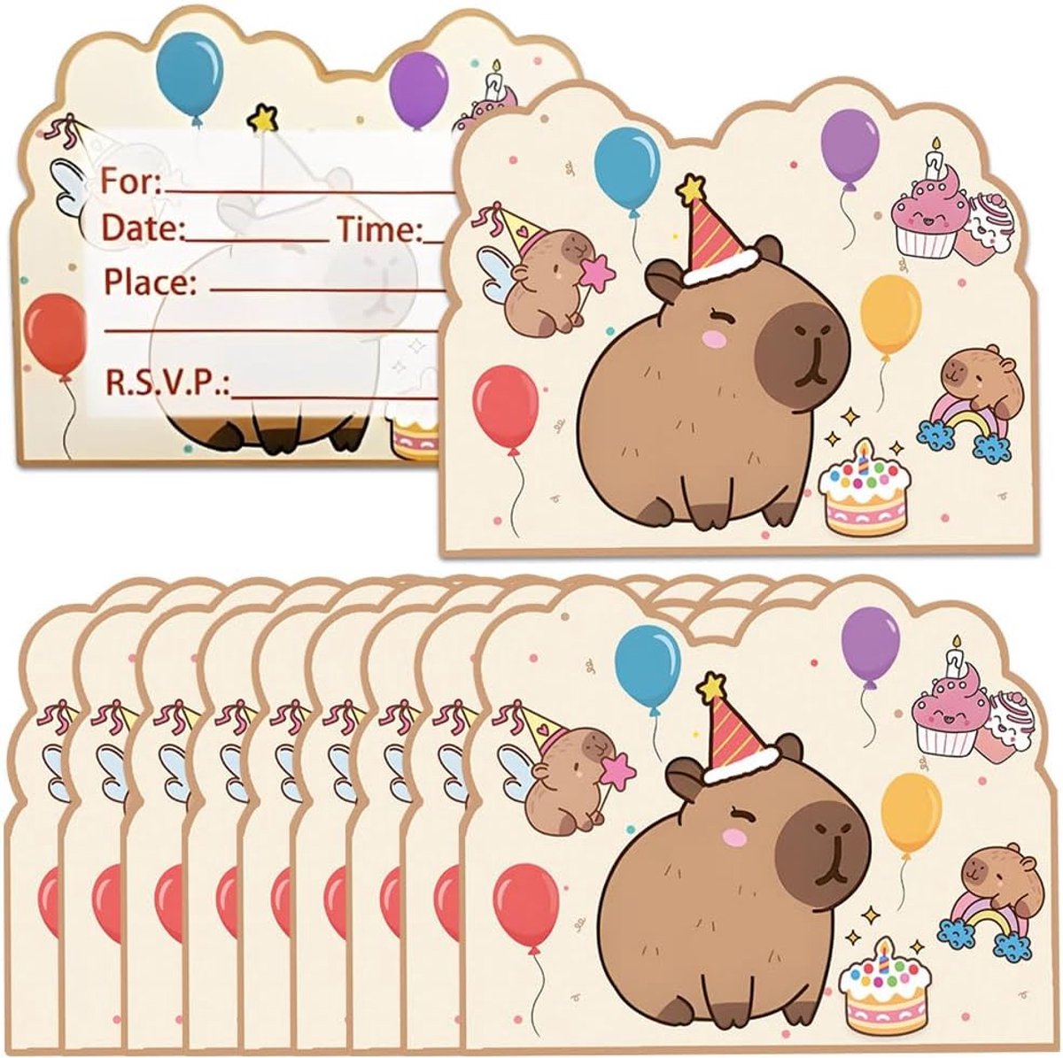 SnelShoppen - Capybara Uitnodigingen - 12 Stuks Verjaardagsuitnodigingen met Dierenthema - Kinderfeest Uitnodigingen met Enveloppen - Schattige Cartoo