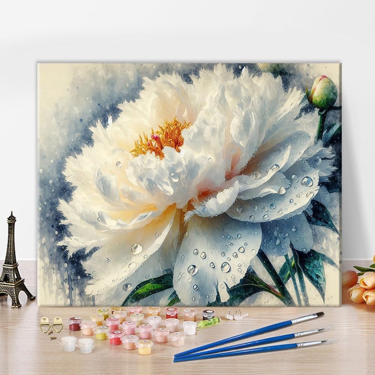 SnelShoppen - Schilderen op Nummer Volwassenen en Junior - Pioenroos Bloemen - Doe-Het-Zelf Schilderkit - 40x50 cm - Kreukvrij Canvas met 3 Penselen -