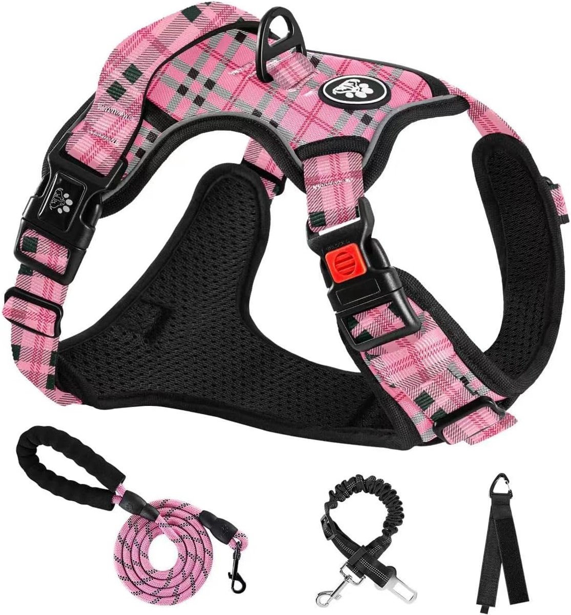 SnelShoppen - Hondentuig zonder Trek, Roze Plaid Maat S voor Kleine Honden, Geen Choke Tuigjes voor Puppy, Ideaal voor Wandelen en Training, Nek 28-38