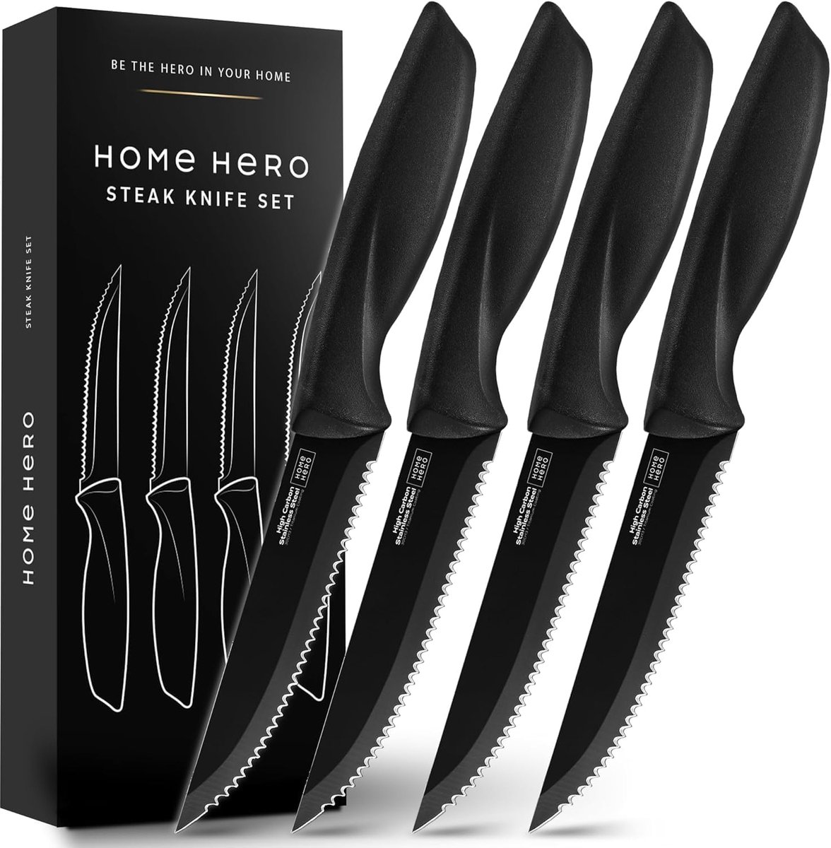 SnelShoppen - Keukenmessenset 4 Stuks - Hoge Koolstof Roestvrijstalen Messen met Ergonomische Handgrepen - Keramische Anti-aanbaklaag - Zwart - Ideaal