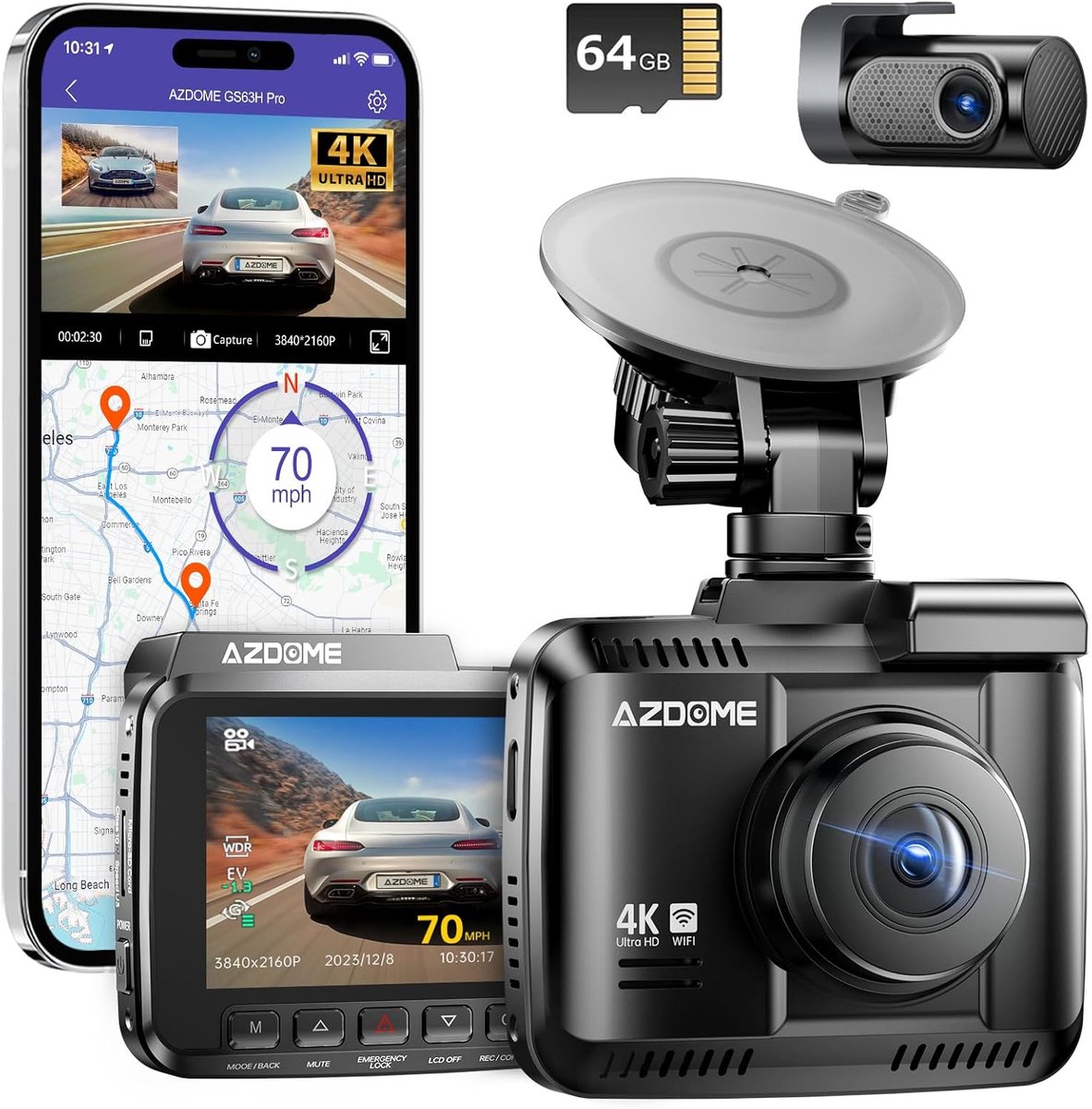 Thijox - Dashcam Auto 4K/2,5K GPS WiFi voor en achter met Starvis, 64GB SD-kaart, Parkeerbewaking, Super Nachtzicht, WDR, 170 Graden Groothoek