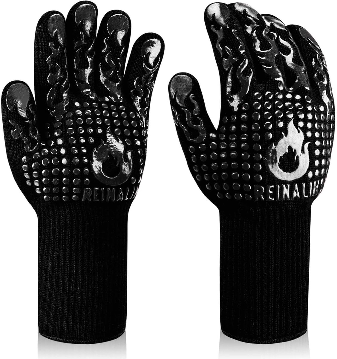 SnelShoppen - Reinalin Hittebestendige Barbecuehandschoenen, Vuurvaste Kookhandschoenen tot 500°C, Antislip Ovenwanten, BBQ-handschoenen (S/M, Zwart)