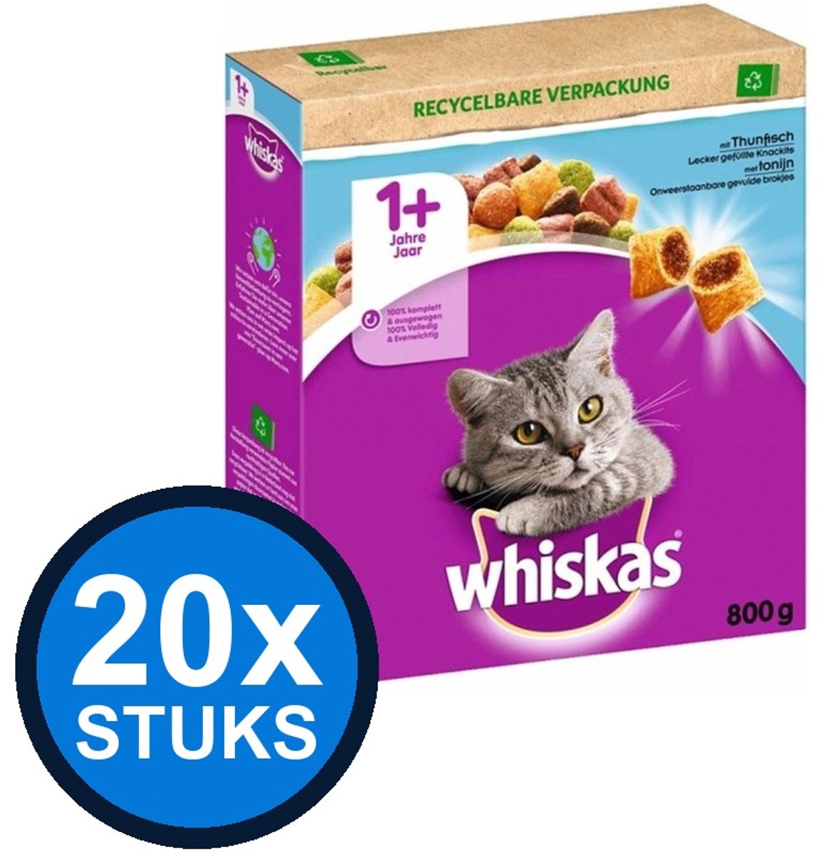 20x Whiskas - 1+ droog adult tonijn 800gr - Kattenvoer - 800 g