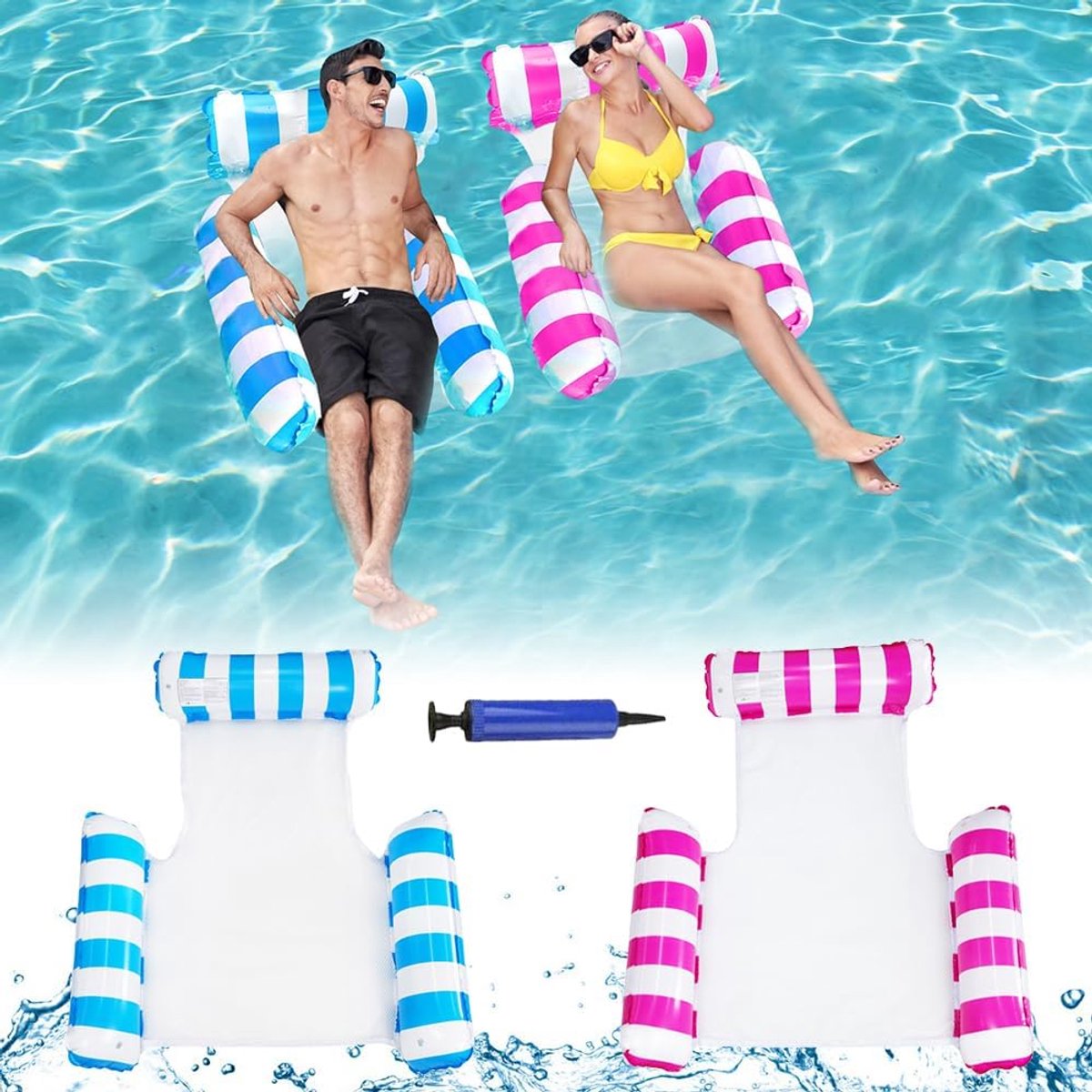 Thijox - Opblaasbare Waterhangmat 2 Stuks, 4-in-1 Luchtmatras voor Zwembad, Strand & Water