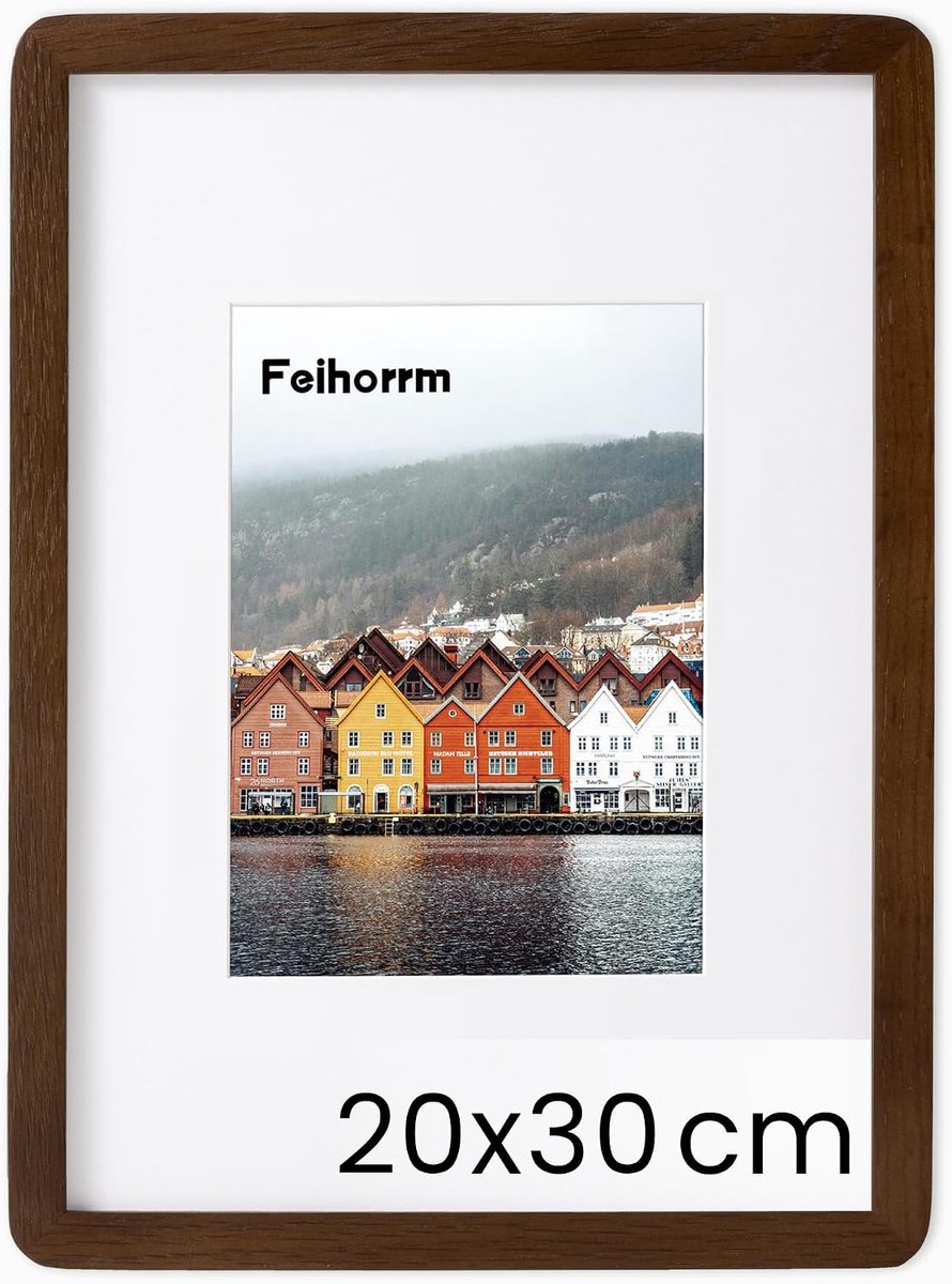 SnelShoppen - Massief Houten Fotolijst Donkerbruin 20x30 cm met Gehard Glas - Eiken Fotolijst voor 12x17 cm met Passe-partout - Perfect voor Thuis, Fe