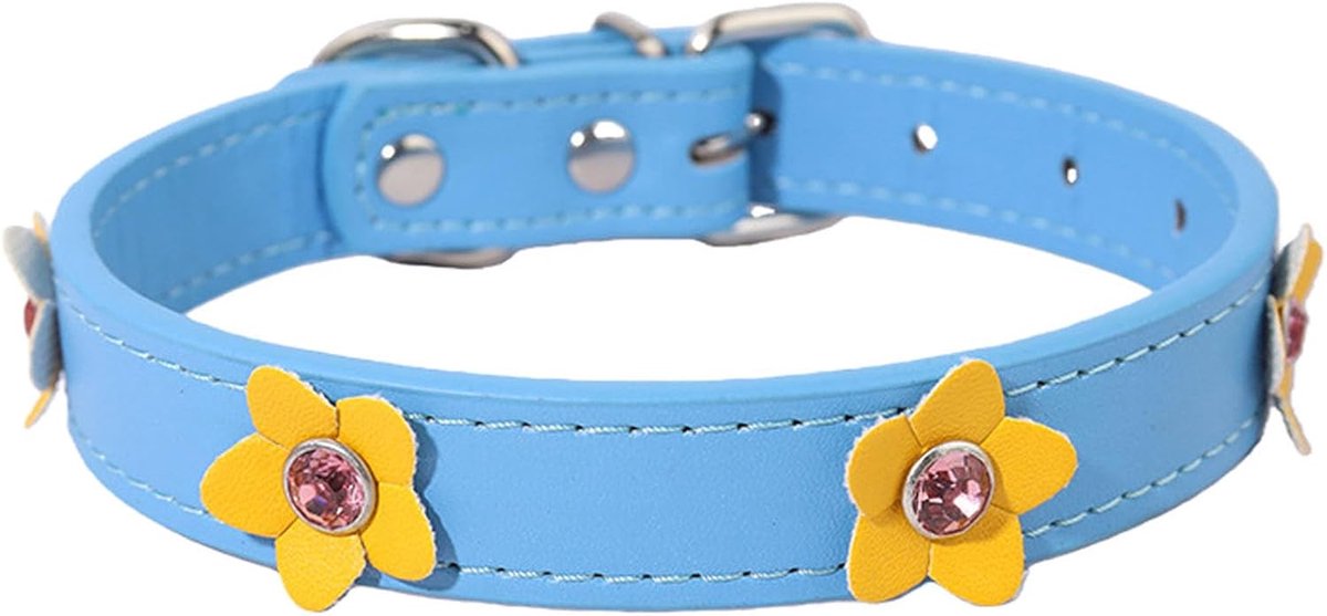 SnelShoppen - Hondenhalsband Leer met Bloemen en Diamanten - Puppyhalsband voor Kleine en Middelgrote Honden - Zachte en Comfortabele Halsband in Blau