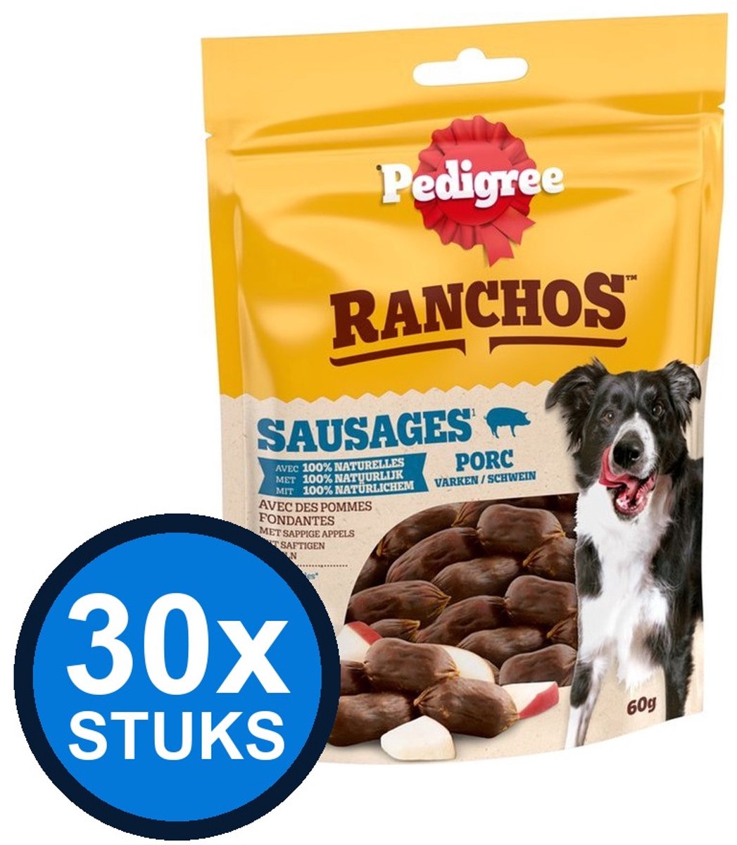 30x Pedigree - ranchos sausages varken 60gr - Hondenvoer Snacks - 60 g