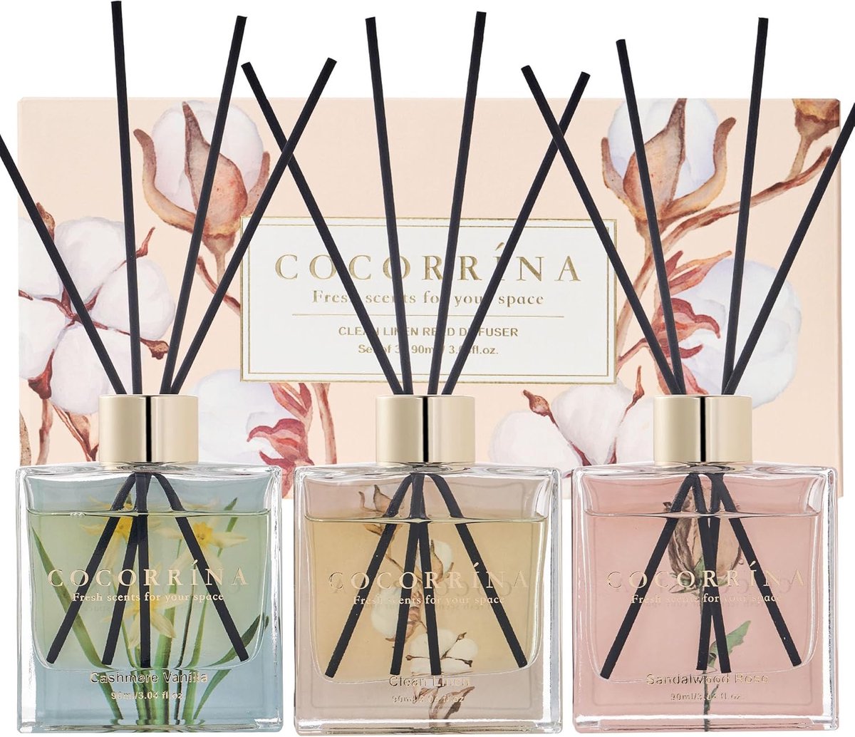 SnelShoppen - Reed Diffuser Set 3 Pack 90ml met 24 Sticks - Cashmere Vanilla, Sandelhout Rose, Clean Linen - Geurverspreider voor Huis, Slaapkamer en