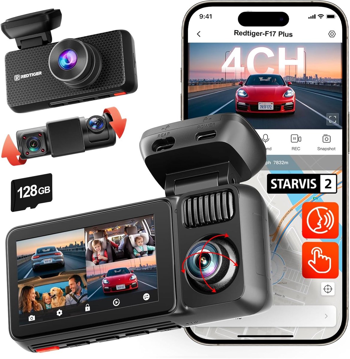 SnelShoppen - 4 Kanaals Dash Cam 2.7K+1080P*3, 360° Camera met IR Nachtzicht, 128GB Kaart, GPS, 5GHz WiFi, Touchscreen en Stembediening voor Auto