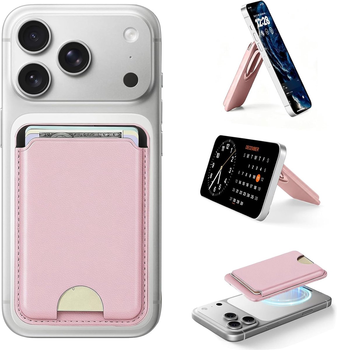 SnelShoppen - MagSafe Wallet Slim Card Holder met RFID Blocking, Magnetische Portemonnee voor iPhone 17/16/15/14/13/12/Pro/Pro Max, Roze met Verstelba