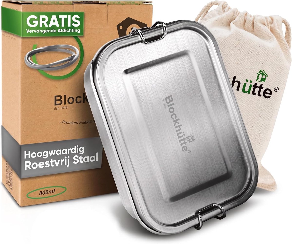 SnelShoppen - Blockhütte Premium roestvrijstalen broodtrommel 800 ml voor kinderen met 3 vakken en reserveafdichting, lekvrije lunchbox met 2 scheidin