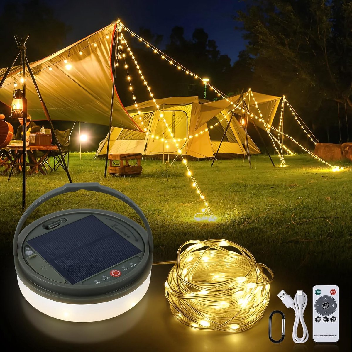 Thijox - Lichtsnoer Camping Oprolbaar 13m 160 LEDs Oplaadbaar op Zonne-energie & USB met Afstandsbediening voor Tuin, Tent, Wandelen en Feest
